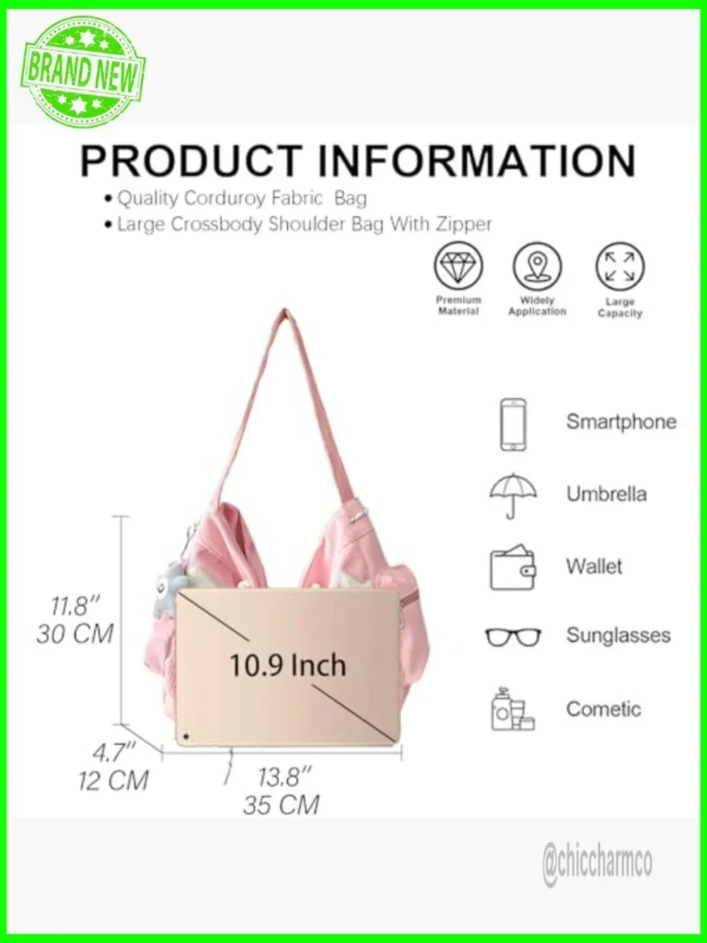 Corduroy Crossbody Tote Bag with Adjustable Strap, Large Capacity Hobo